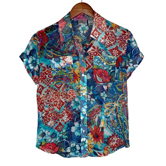 Chicos Shirt Button Front Silk Colorful Sheer Blouse Top Women’s 0 or S 4 - Picture 1 of 9